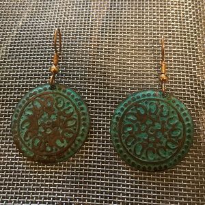 Rustic gold and teal circle earrings